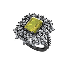 Prenses Kesim Çiçek Yüzük - Peridot ve pırlanta 925 ayar siyah rodyum kaplama gümüş yüzük (1.725 karat) #1hkiqp3