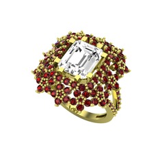 Prenses Kesim Çiçek Yüzük - Beyaz zirkon ve garnet 18 ayar altın yüzük #1hth6cm