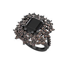 Prenses Kesim Çiçek Yüzük - Siyah zirkon ve dumanlı kuvars 925 ayar siyah rodyum kaplama gümüş yüzük #1k1uhkl