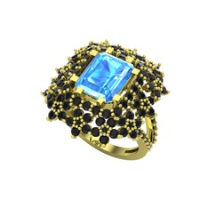 Prenses Kesim Çiçek Yüzük - Akuamarin ve siyah zirkon 925 ayar altın kaplama gümüş yüzük #1lcktd7