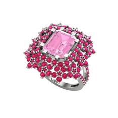 Prenses Kesim Çiçek Yüzük - Pembe kuvars ve rodolit garnet 14 ayar beyaz altın yüzük #1mbq642