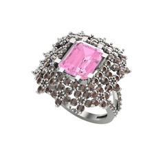 Prenses Kesim Çiçek Yüzük - Pembe kuvars ve dumanlı kuvars 8 ayar beyaz altın yüzük #1nw9f5l