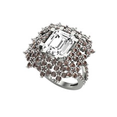 Prenses Kesim Çiçek Yüzük - Swarovski ve dumanlı kuvars 14 ayar beyaz altın yüzük #1o58b37