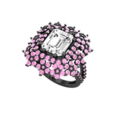 Prenses Kesim Çiçek Yüzük - Swarovski ve pembe kuvars 925 ayar siyah rodyum kaplama gümüş yüzük #1pop59t