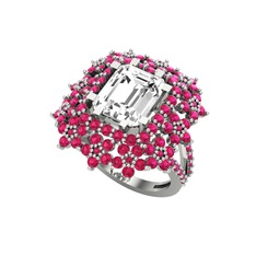 Beyaz zirkon ve rodolit garnet 14 ayar beyaz altın yüzük