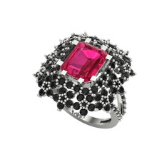 Prenses Kesim Çiçek Yüzük - Rodolit garnet ve siyah zirkon 925 ayar gümüş yüzük #1ql54m4
