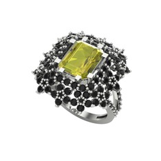 Peridot ve siyah zirkon 18 ayar beyaz altın yüzük
