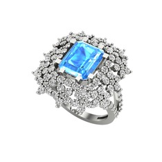Prenses Kesim Çiçek Yüzük - Akuamarin ve swarovski 18 ayar beyaz altın yüzük #1s2s8va