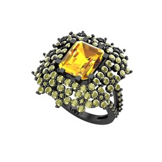 Prenses Kesim Çiçek Yüzük - Sitrin ve peridot 925 ayar siyah rodyum kaplama gümüş yüzük #1s4dguy