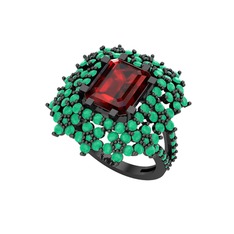 Prenses Kesim Çiçek Yüzük - Garnet ve kök zümrüt 925 ayar siyah rodyum kaplama gümüş yüzük #1sah33t