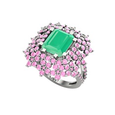 Prenses Kesim Çiçek Yüzük - Kök zümrüt ve pembe kuvars 18 ayar beyaz altın yüzük #1ts9hvt