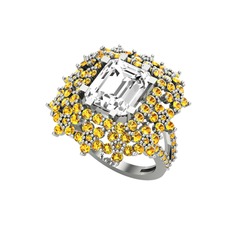 Prenses Kesim Çiçek Yüzük - Swarovski ve sitrin 8 ayar beyaz altın yüzük #1v0ayje