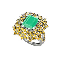 Prenses Kesim Çiçek Yüzük - Kök zümrüt ve sitrin 14 ayar beyaz altın yüzük #1vsnvgh