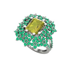 Prenses Kesim Çiçek Yüzük - Peridot ve kök zümrüt 8 ayar beyaz altın yüzük #1x0c6s2