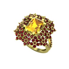 Prenses Kesim Çiçek Yüzük - Sitrin ve garnet 18 ayar altın yüzük #22rrnj