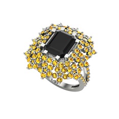 Prenses Kesim Çiçek Yüzük - Siyah zirkon ve sitrin 14 ayar beyaz altın yüzük #3oq2ao