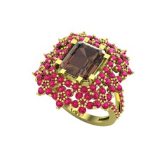 Prenses Kesim Çiçek Yüzük - Dumanlı kuvars ve rodolit garnet 18 ayar altın yüzük #49myuu
