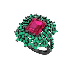 Prenses Kesim Çiçek Yüzük - Rodolit garnet ve kök zümrüt 925 ayar siyah rodyum kaplama gümüş yüzük #56py5p
