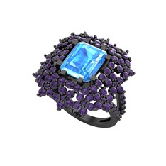 Prenses Kesim Çiçek Yüzük - Akuamarin ve ametist 925 ayar siyah rodyum kaplama gümüş yüzük #5n38r9