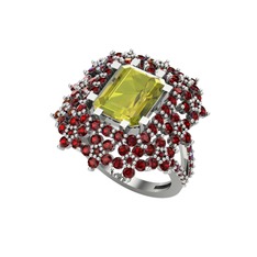 Prenses Kesim Çiçek Yüzük - Peridot ve garnet 8 ayar beyaz altın yüzük #5sccpd