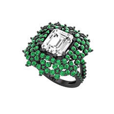 Prenses Kesim Çiçek Yüzük - Swarovski ve yeşil kuvars 925 ayar siyah rodyum kaplama gümüş yüzük #63qg6h