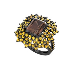 Prenses Kesim Çiçek Yüzük - Dumanlı kuvars ve sitrin 925 ayar siyah rodyum kaplama gümüş yüzük #80mhjg