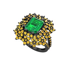 Prenses Kesim Çiçek Yüzük - Yeşil kuvars ve sitrin 925 ayar siyah rodyum kaplama gümüş yüzük #84ttn5