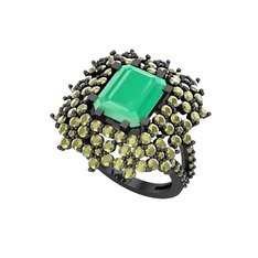 Kök zümrüt ve peridot 925 ayar siyah rodyum kaplama gümüş yüzük