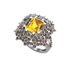 Prenses Kesim Çiçek Yüzük - Sitrin ve dumanlı kuvars 8 ayar beyaz altın yüzük #agsd38