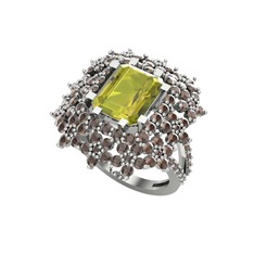 Peridot ve dumanlı kuvars 8 ayar beyaz altın yüzük