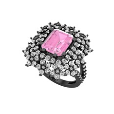 Prenses Kesim Çiçek Yüzük - Pembe kuvars ve swarovski 925 ayar siyah rodyum kaplama gümüş yüzük #babpgs