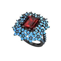 Prenses Kesim Çiçek Yüzük - Garnet ve akuamarin 925 ayar siyah rodyum kaplama gümüş yüzük #cfz32