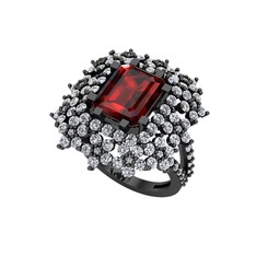 Prenses Kesim Çiçek Yüzük - Garnet ve pırlanta 925 ayar siyah rodyum kaplama gümüş yüzük (1.725 karat) #dck2zk