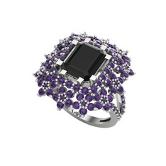 Prenses Kesim Çiçek Yüzük - Siyah zirkon ve ametist 8 ayar beyaz altın yüzük #e21ddl