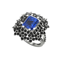 Prenses Kesim Çiçek Yüzük - Lab safir ve siyah zirkon 18 ayar beyaz altın yüzük #edkdrm