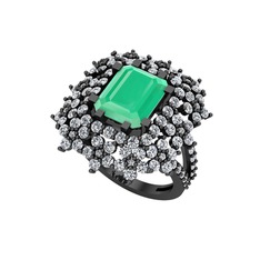 Prenses Kesim Çiçek Yüzük - Kök zümrüt ve pırlanta 925 ayar siyah rodyum kaplama gümüş yüzük (1.725 karat) #eg9lyr