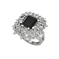 Prenses Kesim Çiçek Yüzük - Siyah zirkon ve swarovski 8 ayar beyaz altın yüzük #ets55s
