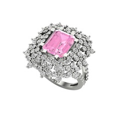 Pembe kuvars ve beyaz zirkon 18 ayar beyaz altın yüzük