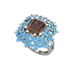 Prenses Kesim Çiçek Yüzük - Dumanlı kuvars ve akuamarin 8 ayar beyaz altın yüzük #ff6jem