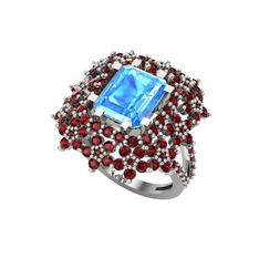 Prenses Kesim Çiçek Yüzük - Akuamarin ve garnet 18 ayar beyaz altın yüzük #fjs96s