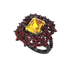 Prenses Kesim Çiçek Yüzük - Sitrin ve garnet 925 ayar siyah rodyum kaplama gümüş yüzük #fmrppz