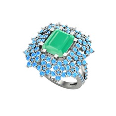 Kök zümrüt ve akuamarin 8 ayar beyaz altın yüzük