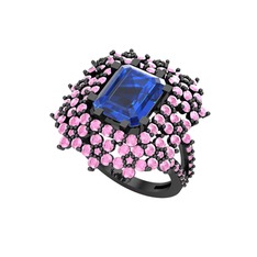 Lab safir ve pembe kuvars 925 ayar siyah rodyum kaplama gümüş yüzük