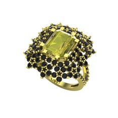 Prenses Kesim Çiçek Yüzük - Peridot ve siyah zirkon 14 ayar altın yüzük #kp42bi