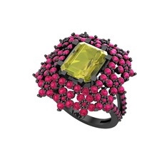 Prenses Kesim Çiçek Yüzük - Peridot ve rodolit garnet 925 ayar siyah rodyum kaplama gümüş yüzük #n42opm