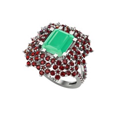 Prenses Kesim Çiçek Yüzük - Kök zümrüt ve garnet 18 ayar beyaz altın yüzük #o70q1k