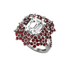 Beyaz zirkon ve garnet 18 ayar beyaz altın yüzük