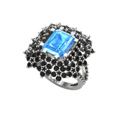 Prenses Kesim Çiçek Yüzük - Akuamarin ve siyah zirkon 14 ayar beyaz altın yüzük #osttsz