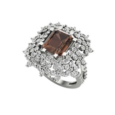 Dumanlı kuvars ve swarovski 8 ayar beyaz altın yüzük