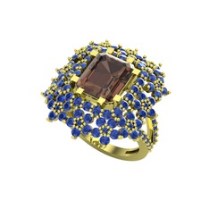 Prenses Kesim Çiçek Yüzük - Dumanlı kuvars ve lab safir 18 ayar altın yüzük #pi2s8b